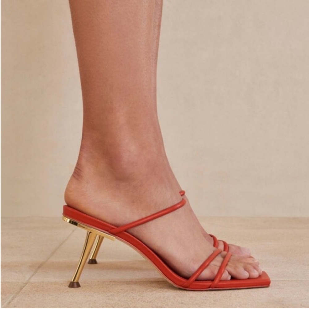 Cult Gaia Orange Lydia Strappy Heels with Gold Accents